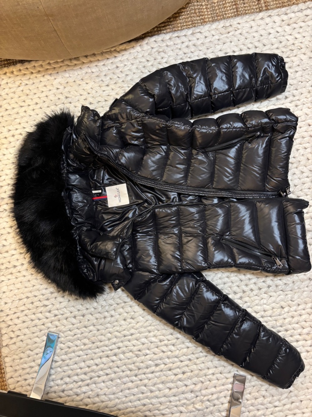 Moncler Black Quilted Down Puffer with Fur-Trim Hood